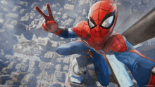 a spider man giving a peace sign while flying over a city