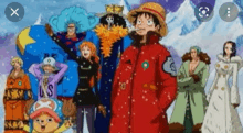 a group of anime characters are standing in the snow .