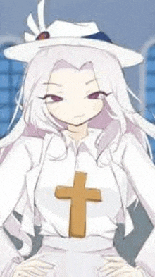 a girl with long white hair is wearing a white hat and a white shirt with a cross on her chest .