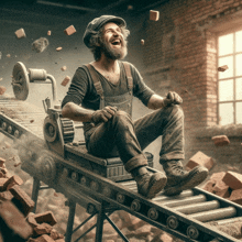 a man with a beard is sitting on a conveyor belt with bricks falling around him