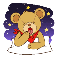 a teddy bear is yawning while wearing a red bandana