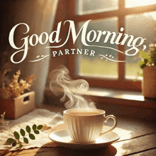 a cup of coffee with steam coming out of it and the words " good morning partner " below it