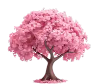 a cherry blossom tree with pink flowers and green leaves