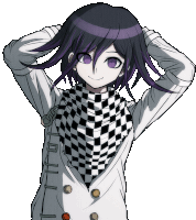 a drawing of a person with purple hair and a black and white checkered scarf