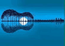 a guitar made of trees is floating in the water with a full moon behind it .