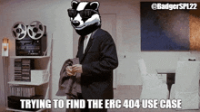 a badger wearing sunglasses and a suit is standing in a room .