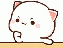 a cartoon cat with a pink ear is sitting on a table with his hand on his chin .
