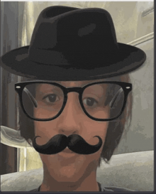 a man wearing glasses and a hat with a mustache