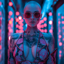 a woman with a tattoo on her chest wears sunglasses