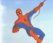 a cartoon of spider-man holding a rope in the air