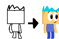 a drawing of a box with a crown on it next to a picture of a boy with blue hair