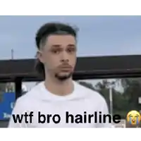 a man in a white shirt is standing in front of a bus stop with the words `` wtf bro hairline '' .