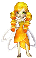 a fairy with yellow hair and green eyes is standing on a white background