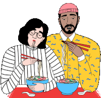 a man and a woman eating noodles with chopsticks