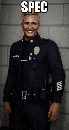 a man in a police uniform is smiling and has the word spec on his head