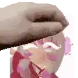 a hand is holding a cartoon character 's head in a pixel art .