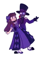 a drawing of a man in a top hat and a girl in a purple dress
