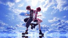 a boy and a girl are holding hands in the sky