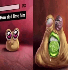 a picture of a cartoon character next to a picture of a cartoon character with limes in its mouth