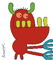 a cartoon drawing of a red monster with green horns and the name barbara k.