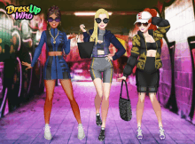 three girls are standing next to each other in a dress up game