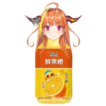 a bottle of orange juice with a girl with horns on her head