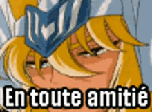 a cartoon character with a helmet on his head and the words `` en toute amitie '' written below him .