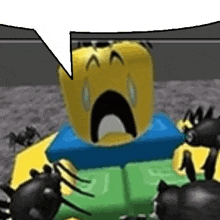 a yellow roblox character with a speech bubble on his head is surrounded by spiders .