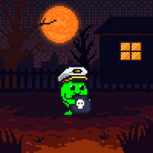 a pixel art advertisement for trick or treat with a green character wearing a captain 's hat