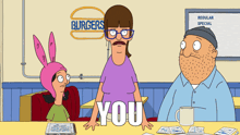 bob 's burgers shows a woman standing in front of a sign that says " you "