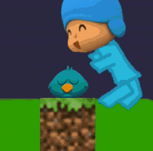 a cartoon character named pocoyo standing next to a blue bird