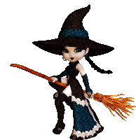 a witch in a black hat is holding a broom in her hand