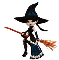 a witch in a black hat is holding a broom in her hand