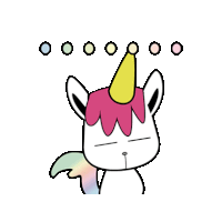 a unicorn with a party hat on its head and a rainbow tail is making a funny face .