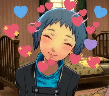 a girl with blue hair is surrounded by hearts and stars