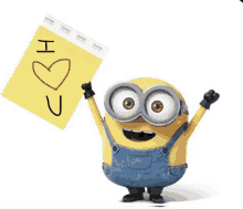 a minion is holding up a yellow piece of paper that says i love you