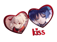 a couple of hearts with the word kiss in the middle