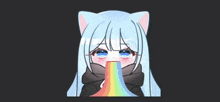 a girl with a cat ear is holding a rainbow in her mouth