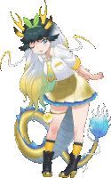 a girl with a dragon tail is wearing a yellow skirt