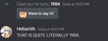 a screenshot of a discord channel with two people talking about 1984 .