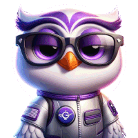 a cartoon owl wearing purple glasses and a purple space suit