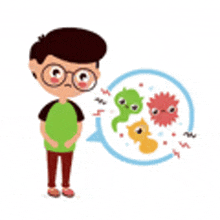 a boy with glasses is standing next to a speech bubble with bacteria .