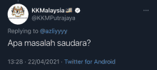 a reply to a tweet from kk malaysia asking what the problem is