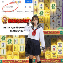 a girl in a school uniform is playing a game called margo123 on google