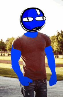 a cartoon character with a blue head and blue muscles