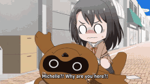 a cartoon of a girl sitting on a teddy bear with the words michelle why are you here