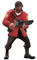 a soldier in a red uniform holds a shotgun