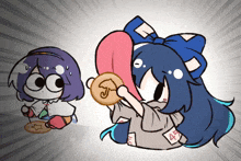a cartoon drawing of a girl holding a coin with the letter t on it