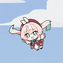 a cartoon character with pink hair and blue eyes is flying in the air