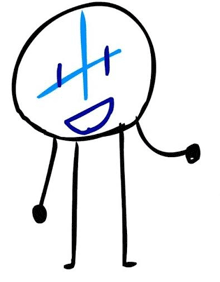 a drawing of a stick figure with a blue cross on his face and arms .